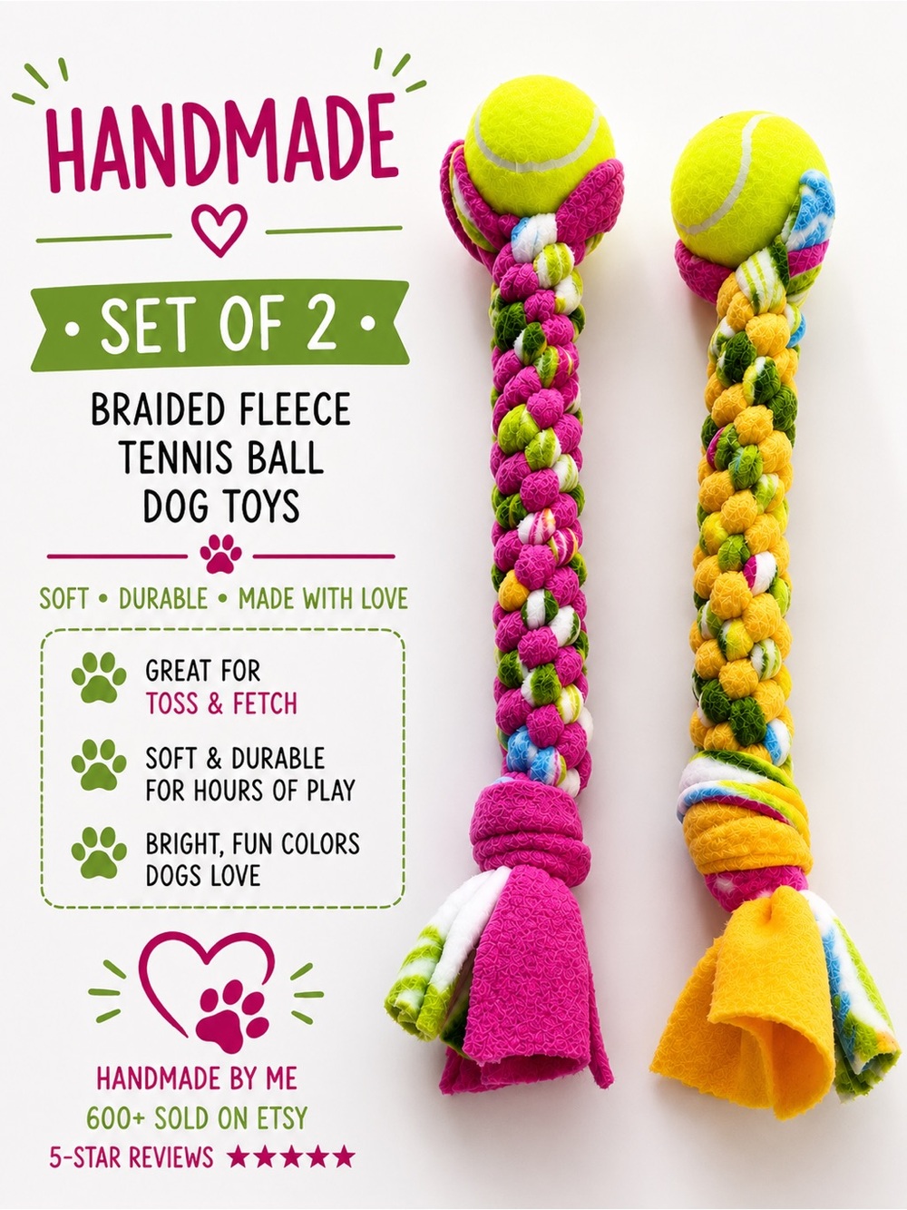 Handmade Dog Toys Fetch Toss. Set of 2 | Fleece & Tennis Ball | NEW